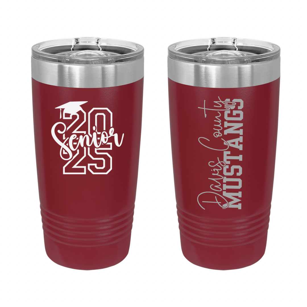 A pair of maroon tumblers, one with a 'Senior 2020' design and the other with 'Mustangs' text.