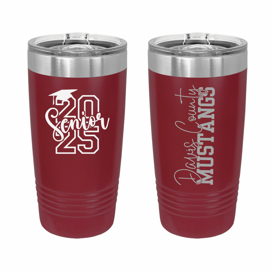 A pair of maroon tumblers, one with a 'Senior 2020' design and the other with 'Mustangs' text.